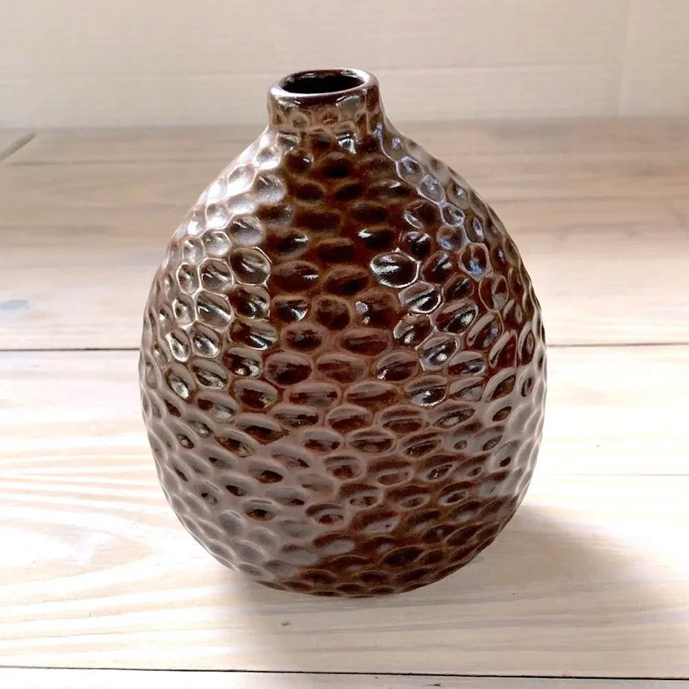 POTTERY BARN Honeycomb Bud Vase Oval Textured Brown Dimpled 5 inches